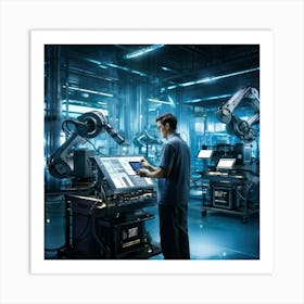 Cyber Industrial Interface Showcasing A Factory Manager Overseeing A High Tech Manufacturing Floor (2) Art Print