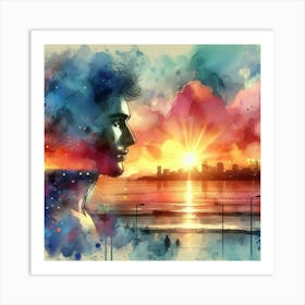 Watercolor Of A Man With Sunset Art Print