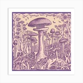 Mushroom Woodcut Purple 1 Art Print
