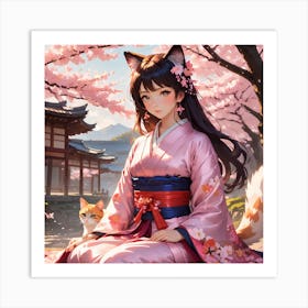 Asian Girl With Cat Art Print