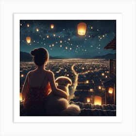 Little girl and her little dog looking at the night sky together 5 Art Print