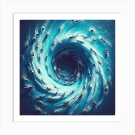 End Of The World - A group of people swimming in a pool, but the water is not clear and blue, it is a swirling vortex of colors and shapes. The swimmers themselves are distorted and elongated, as if they are being pulled into the vortex. The scene is captured from a bird\'s-eye view, giving the viewer a sense of scale and perspective. Art Print