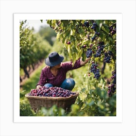 Woman Picking Plums In An Orchard Art Print