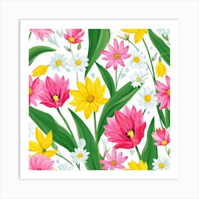 Cartoon Style Digital Painting Of An Isolated Spring Bouquet Featuring Blooming Tulips Roses And D (5) Art Print