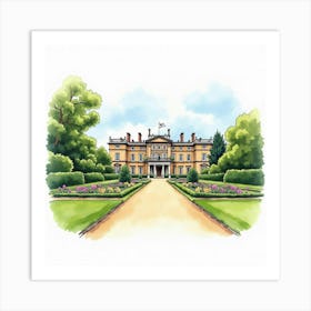 Watercolor Scene Of The Chiswick House In London, Featuring Its Grand Design And Scenic Gardens Art Print