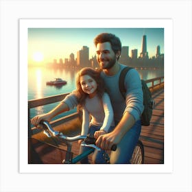 Father And Daughter Riding Bikes Art Print