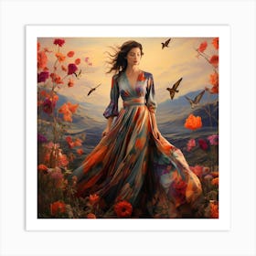 Woman In A Flower Field Art Print