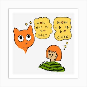 What Cat Thinks And Girl Thinks Humorous Illustration Art Print