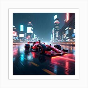 Formula Car Speeding Through A Rain Soaked Cityscape, Neon Reflections On The Road 1 Art Print