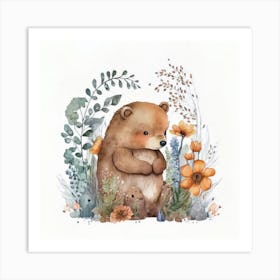 Watercolor Forest Cute Baby Bear Art Print