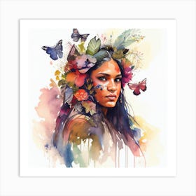 Watercolor Floral Indian Native Woman #5 Art Print