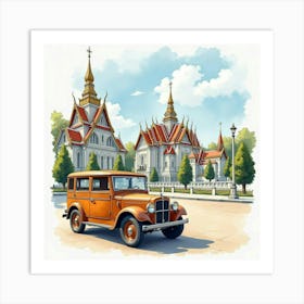 Elegant Vehicle Near A Grand Palace, Watercolor Painting 1 Art Print