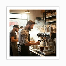 Barista Swiftly Spinning Pouring Water Into A Gleaming Espresso Machine Amidst Morning Rush In Bu Art Print