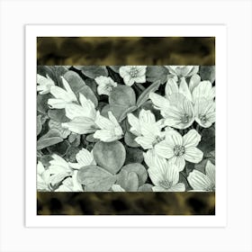 white flowers, leaves, in the bush Art Print