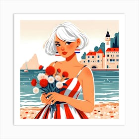 American Girl With Flowers On The Beach Art Print