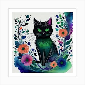 Black Cat With Flowers 5 Art Print
