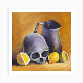 Skull And Lemons - figurative hand painted square yellow classical Art Print