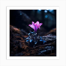 up close on a black rock in a mystical fairytale forest, alice in wonderland, mountain dew, fantasy, mystical forest, fairytale, beautiful, flower, purple pink and blue tones, dark yet enticing, Nikon Z8 4 Art Print