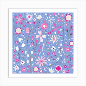 Pink and White Wild Flowers on Blue Art Print