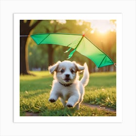 Puppy Playing With A Kite Art Print