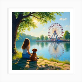 A Girl And A Dog Sitting By A Lake With A Ferris Wheel In The Distance Art Print