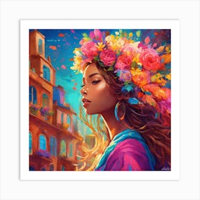 Girl With Flowers In Her Hair Art Print