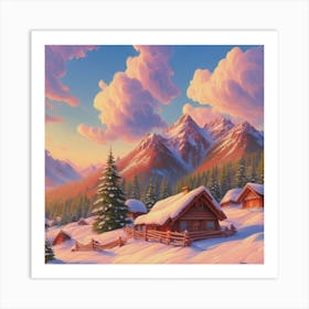 Mountain village snow wooden huts 4 Art Print