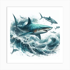 Sea Shark In Motion, Sea Shark Watercolour Art Print 4 Art Print