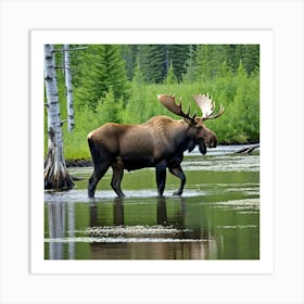 Moose In The River Art Print