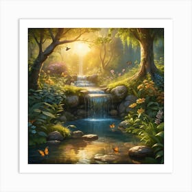 Waterfall In The Forest With Butterflies at Sunset Art Print