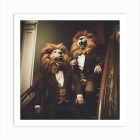 Lions On The Stairs - Friends - Cute - Vintage - Laughing Art Print