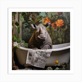 Rhino In The Bath Reading A Newspaper Art Print