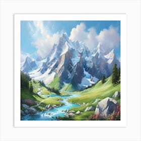 Vintage Alpine Mountain Landscape Art Print