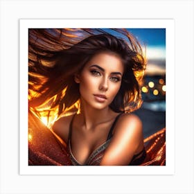 Beautiful Woman With Hair Blowing In The Wind Art Print