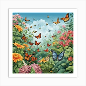 Butterflies In The Garden, A Butterfly Garden With Various Species art print Art Print