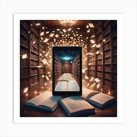 Library With Tablet And Books Art Print