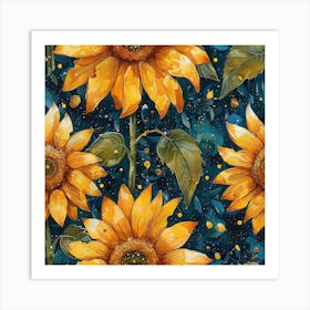 Sunflowers On A Blue Background 2 Art Print