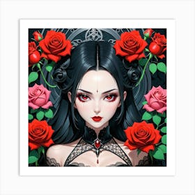 Gothic Girl With Roses 2 Art Print