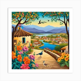 Bright Garden with Birds and blue lake inspiring time bright landscape nursery art Art Print