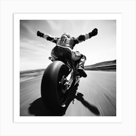 A Race Motorcycle Driver With Arms Wide Open, Not Holding The Handle, With High Speed, Sideshot, Hasselblad, 1 Póster