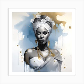 African Woman In Turban Gold and watercolor splatter Art Print