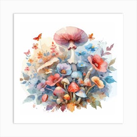 Mushrooms And Flowers Delicate Watercolor Petals Art Print