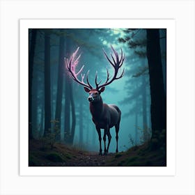 A Surreal Stag With Antlers Of Cascading, Bioluminescent Patterns Standing In A Mystical Forest 1 Art Print