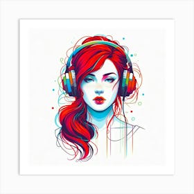 Girl With Headphones Art Print