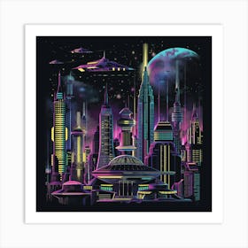 Design A Retro Futuristic T Shirt Featuring A Vibrant, Neon Colored Skyline Against A Dark Background, Capturing The Essence Of 70s And 80s Sci Fi With Futuristic Cities, Flying Cars, Domed Buildings, And Towe 1 Poster