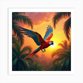 A Parrot With Rainbow Colored Plumage Flying Through A Tropical Sunset Art Print