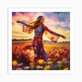 Beautiful Girl In A Flower Field Art Print