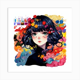 Colorful Anime Girl With Flowers Art Print