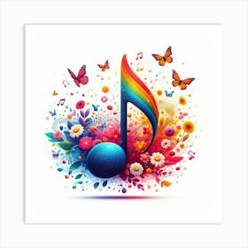 Music Note With Flowers And Butterflies Art Print