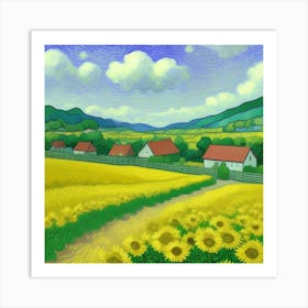 A Farmhouse at Dusk Tranquil and Timeless Sunflower Field Art Print